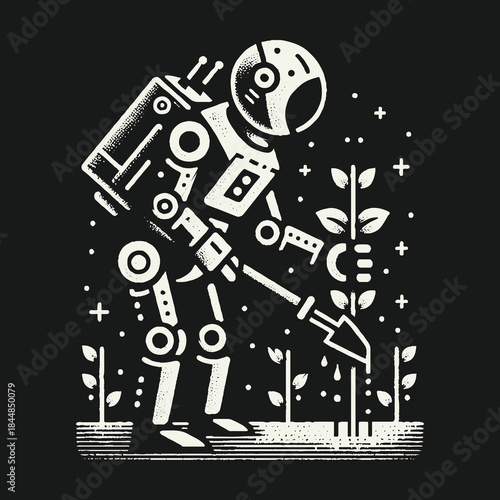 Robot Gardener Cultivating Plants in a Futuristic Garden.