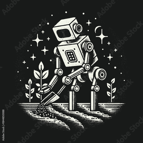 Robot Planting Seeds Under the Night Sky.