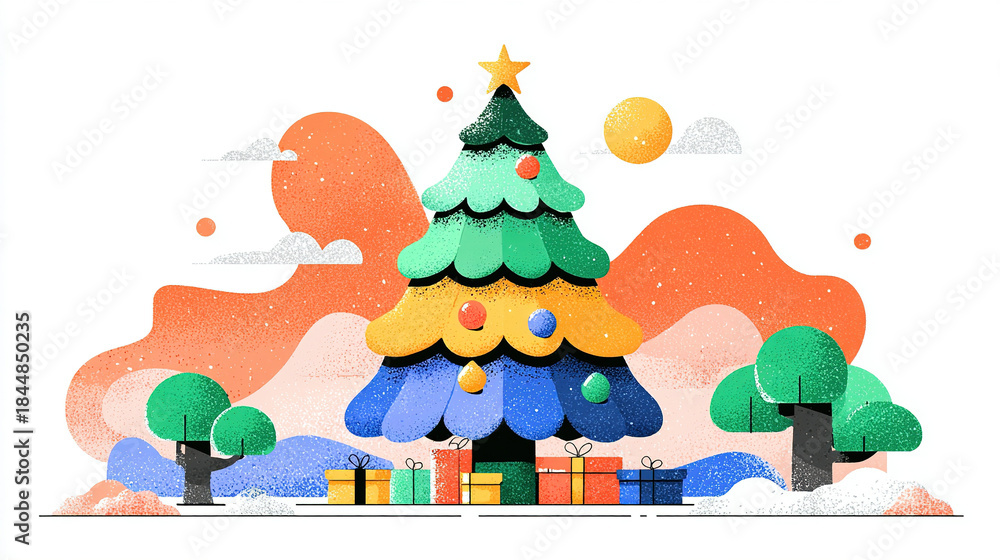 Obraz premium Festive, colorful Christmas tree decorated with ornaments and surrounded by gifts.