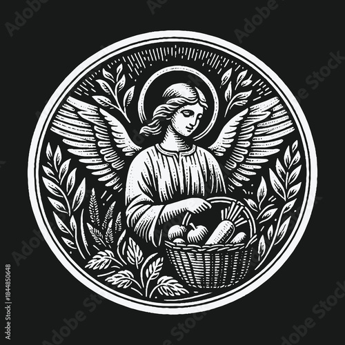 Angel with Basket of Harvest in Circular Design.
