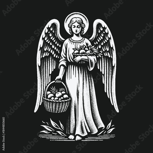 Angel with Basket and Harvest: A Divine Illustration.