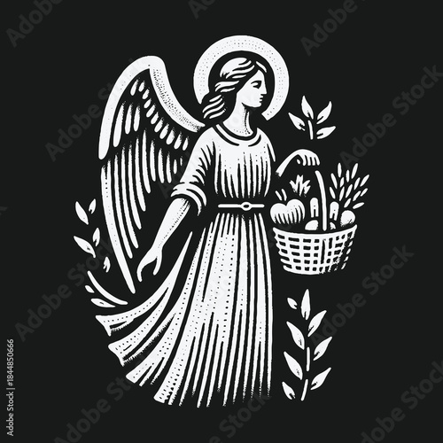 Angel with a basket of harvest black and white illustration.