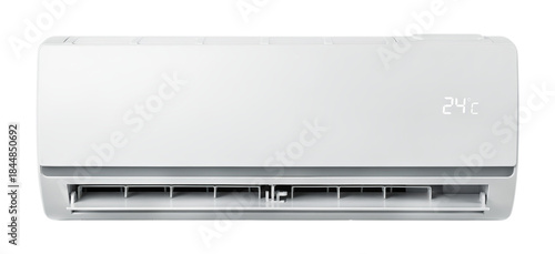 Modern White Wall-Mounted Split Air Conditioner Indoor Unit with Digital 24°C Display and Sleek Vents, Isolated on Transparent and White Background