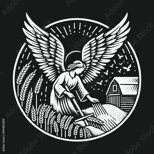 Angel of Harvest: A Serene Scene of Labor and Faith.