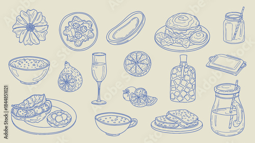 Culinary still life with various food and drink items