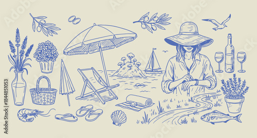 Whimsical beach scene with ufo and surreal elements