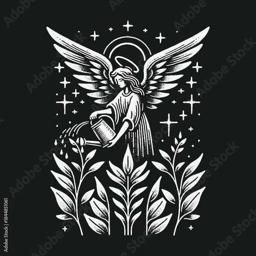 Angel Watering Plants: A Symbolic Illustration of Nurturing and Growth.