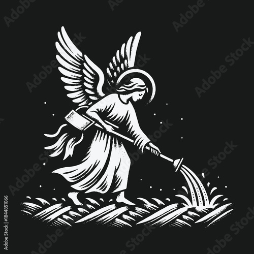 Angel Watering Plants: A Symbolic Illustration of Nurturing and Growth.