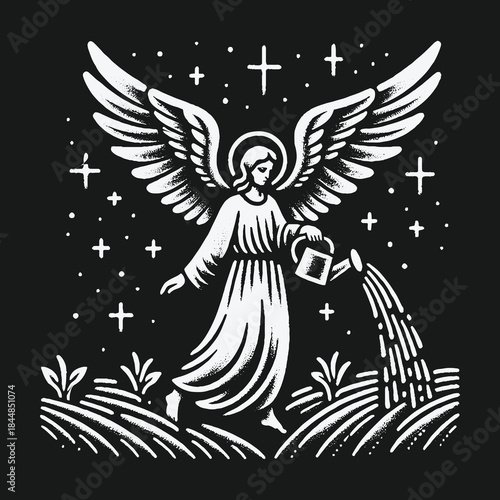 Angel Watering Field with Stars and Crosses in Black and White.