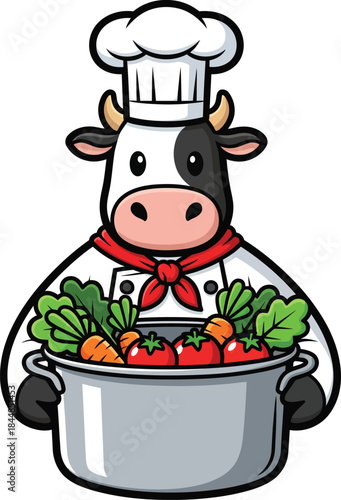 Cartoon Cow Chef Mascot in Uniform Holding a Large Pot Filled with Fresh Vegetables.