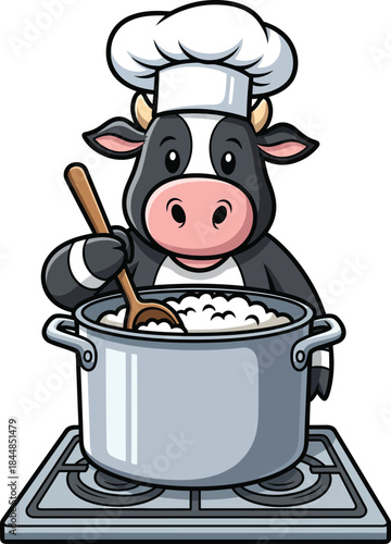 Cartoon cow chef in a white toque hat stirring a large metal pot on a stove with a wooden spoon.