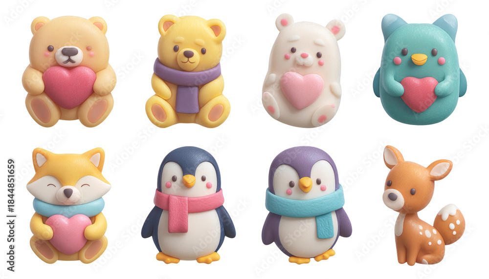 Naklejka premium Adorable 3D Clay-Carved Plush Animals with Heart Decorations on Transparent Background