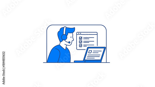 Customer service representative with headset working on computer.