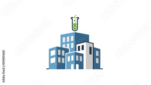 Modern Office Buildings with Scientific Research Symbol on Top.