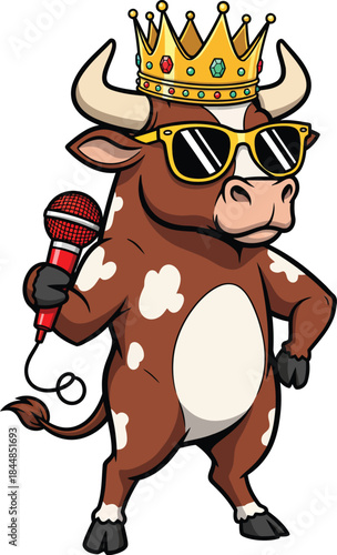 Cool cartoon bull wearing a gold crown and sunglasses holding a red microphone and singing like a king.