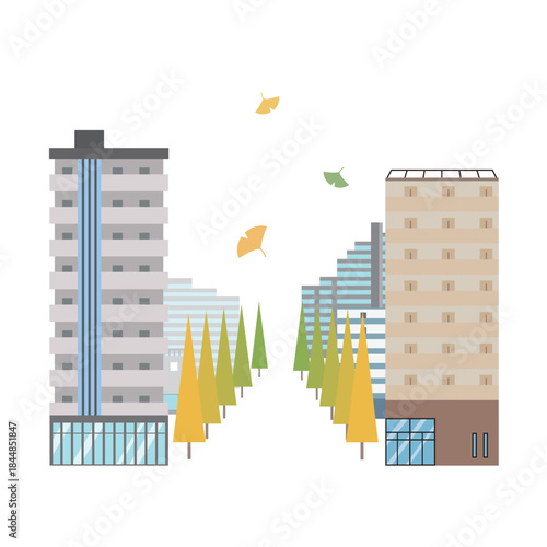 黄色のイチョウ並木とマンション