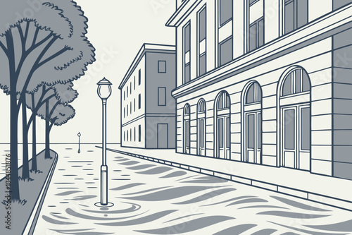 Minimalist urban street scene flooded with rising water levels and architectural buildings
