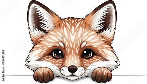 Cute Illustrated Red Fox Peeking Over a Ledge with Big Adorable Eyes and Paws.