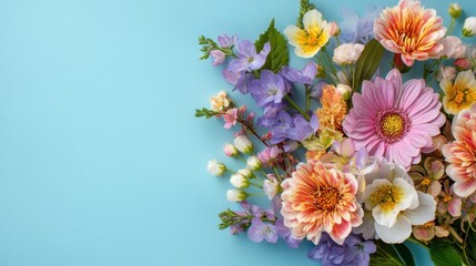 A blue background with a bunch of flowers in the foreground. The flowers are a mix of pink and yellow, and they are arranged in a way that makes the image look vibrant and lively