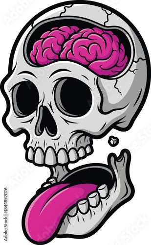 Edgy cartoon skull with a visible pink brain wide open mouth and a long lolling tongue.