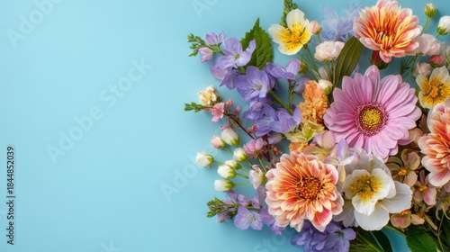 A blue background with a bunch of flowers in the foreground. The flowers are a mix of pink and yellow, and they are arranged in a way that makes the image look vibrant and lively