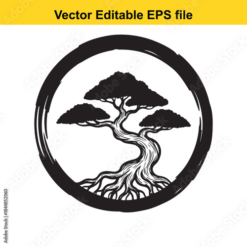  vector editable eps file of a bonsai tree in a circular frame with black and white design