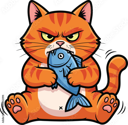 Fierce orange tabby cat cartoon character sitting and eating a whole blue fish.
