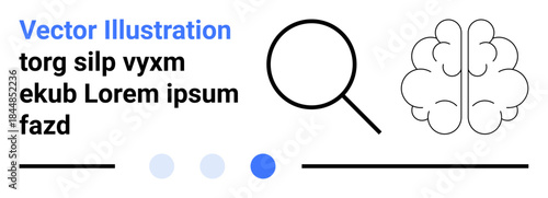 Magnifying glass alongside brain icon, dots, and lines in a minimal design. Ideal for research, analysis, learning, innovation, problem-solving, creativity brainstorming and a simple landing page