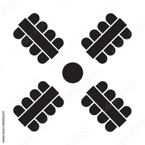 Seats arrangement on wedding banquete or festive event. Restaurant or cafe seatings interior plan. Top view. Schematic blueprint tables and chairs silhouettes. Vector graphic illustration