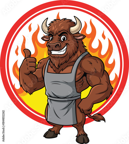 Muscular Cartoon Bull Mascot in a Grey Apron Giving a Confident Thumbs Up.
