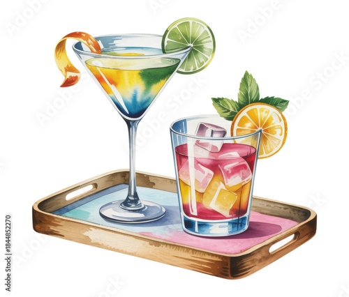 Vibrant Watercolor Cocktails: Martini with Orange Twist & Lime, Highball with Ice, Oranges & Mint on Wooden Tray, Isolated on Transparent and White Background
