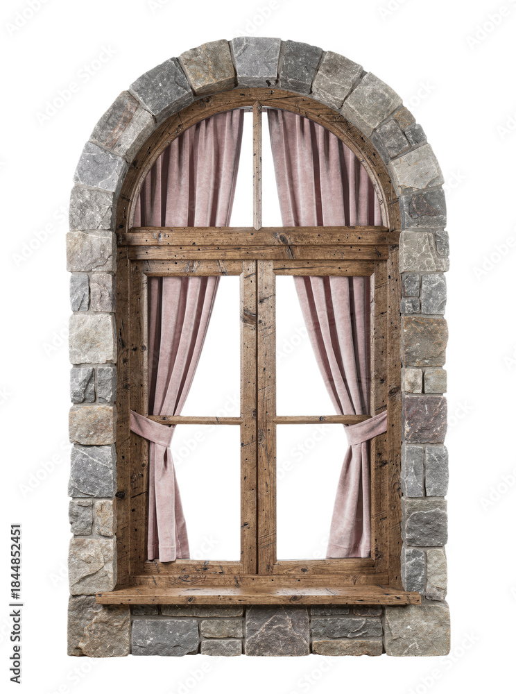 Obraz premium Rustic Arched Gray Stone Window with Wooden Frame, Crossbars & Flowing Pink Curtains Isolated on Transparent and White Background