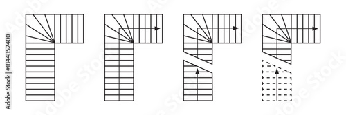 Set of stairs with arrows signs for building floor plan. Staircase symbols for interior design project. Elements for architecture blueprint isolated on white background. Vector graphic illustration