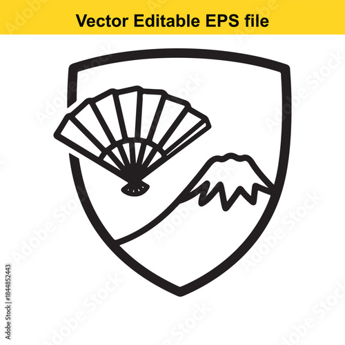  vector shield logo with parachute and mountain range in black lines on white