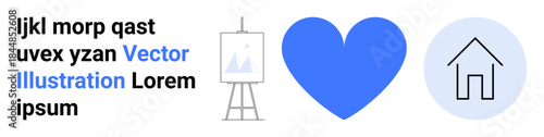 Design, creativity, love, comfort, real estate, and minimalism. Blue heart, art canvas on easel and house symbol. Creativity and love concept ideal for modern design and communication
