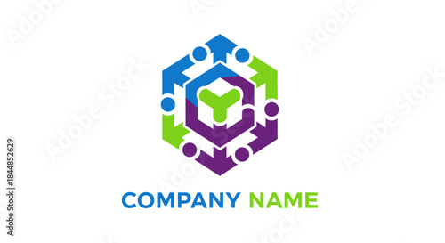 Colorful Hexagon Teamwork Logo with Arrows and People Figures.
