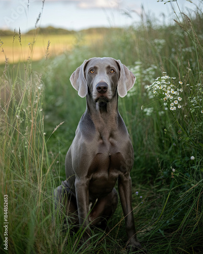 Weimaraner sitting in meadow, elegant silver-coated dog