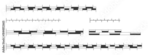 Set of simple different blank line and bar map scales. Distance measurement charts for travel or navigation. Cartography elements isolated on white background. Vector graphic illustration