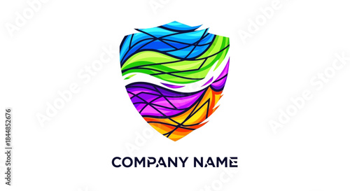 Colorful Shield Logo Design with Abstract Lines and Vibrant Colors.