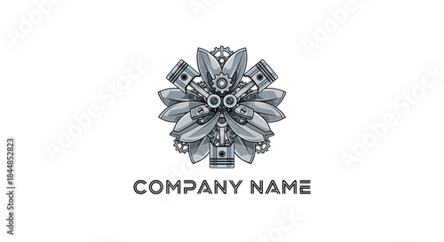 Intricate Mechanical Flower Emblem with Pistons and Gears, Automotive Engineering Art.