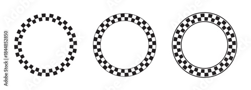Collection of round frames with black and white checkered print. Vignettes with rally competition flag or chess board pattern. Circular geometric frameworks. Vector graphic illistration