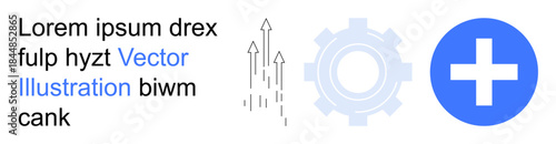 Technology, innovation, growth, progress, healthcare, teamwork. Abstract arrows growth, gear innovation and the plus symbol stands for healthcare. Growth and technology conceptual
