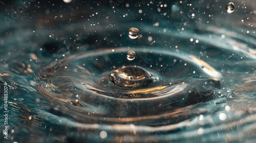 A drop of water falling into a body of water. The water is clear and the drop is small © mila103