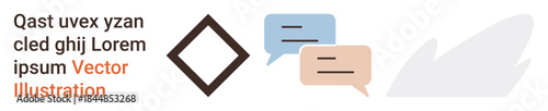 Messaging, dialogue, communication tools, abstract design, online chats, creative layouts. Two speech bubbles alongside geometric and abstract shapes. Messaging and dialogue concepts