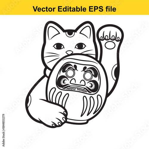  vector illustration of a black and white maneki neko cat with detailed design