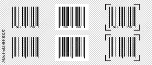 Set of different barcode stickers with scanner frame. Bar code tag mockups isolated on transparent background. Visual presentation of digital data of product. Vector graphic illustration