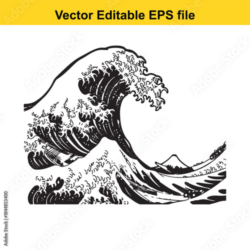  a black and white vector illustration of a large wave with mountain in the background from japanese art