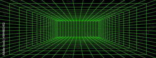 Rectangular green neon wireframe in perspective on black background. Cyberpank room, hallway or studio grid structure. Metaverse or virtual reality space, arcade game template. Vector illustration