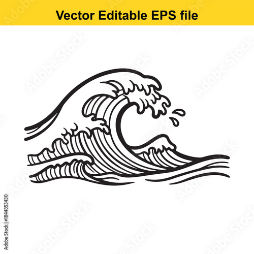  a black and white vector illustration of a crashing ocean wave in a stylized form