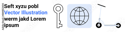 Mobility solutions, global connections, security , urban lifestyle, transportation, conceptual design. Key symbol, globe icon and kick scooter illustration. Mobility and global connections concept
